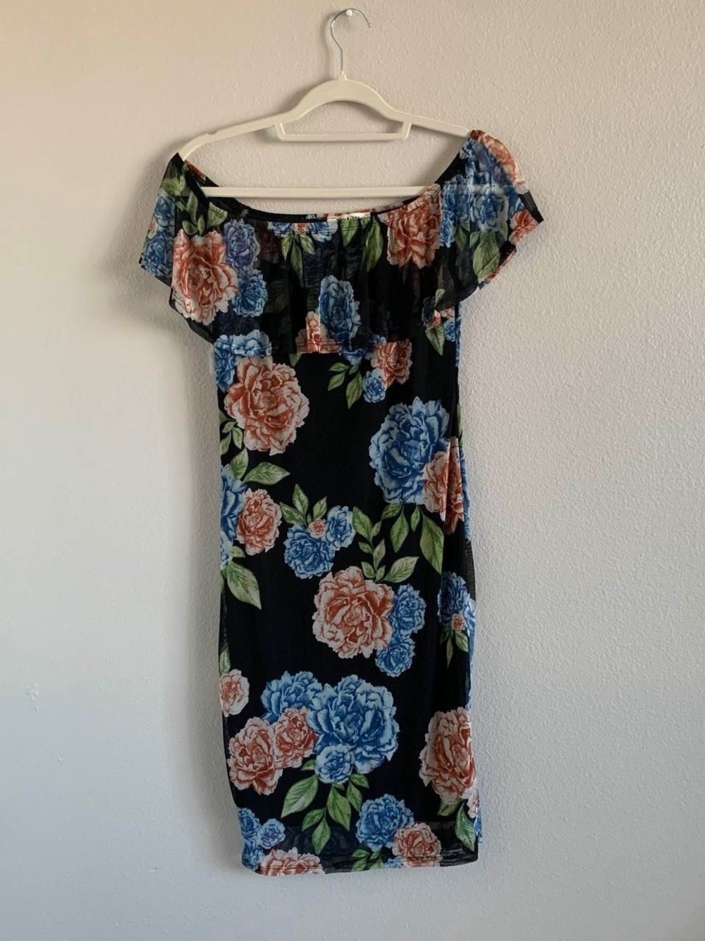 Floral Off-Shoulder Black Midi Dress